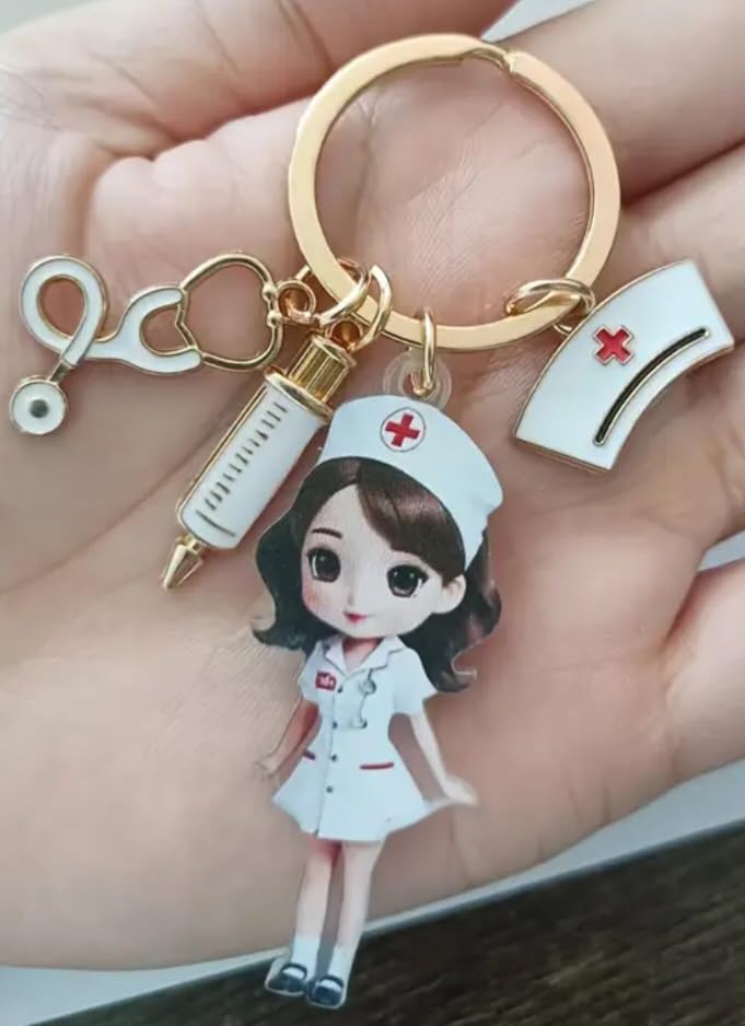 Nurse Appreciation Keychain, Cute Medical Charm Gift for Healthcare Heroes, with Stethoscope, Syringe and Nurse Cap Charms