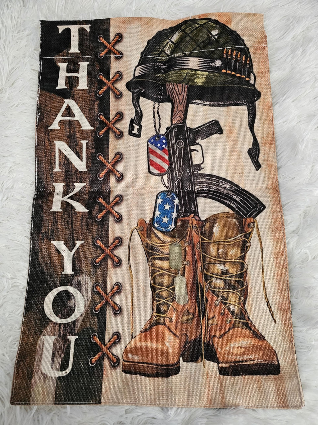 Military Thank You Garden Flag, Patriotic Soldier Memorial with Helmet Rifle and Boots, Camouflage Outdoor Yard Decor, 12x18 Inch