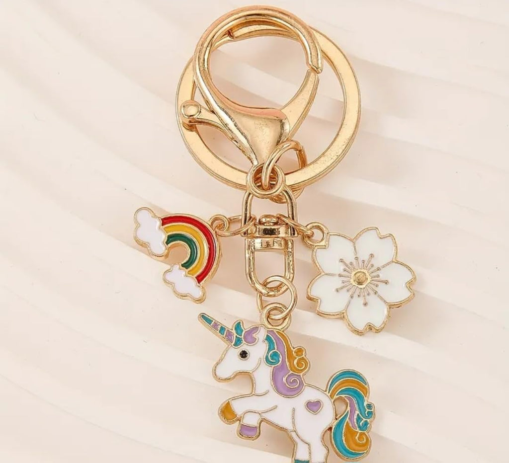 Whimsical Unicorn Rainbow Keychain for Girls – Cute Enamel, Rainbow & Flower Charms, Backpacks, Purses, Gifts & Party Favors