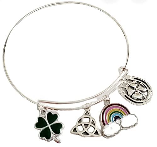 St. Patrick's Day Bracelet for Women, Silver Irish Charm Bracelet with Four Leaf Clover, Celtic Knot & Good Luck Charms