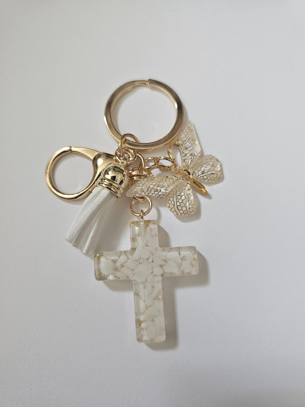 Resin Cross Keychain with Butterfly Charm and Tassel, Christian Faith Gift for Purse, Backpack, Baptism, Confirmation