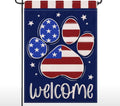 Patriotic Paw Print Welcome Garden Flag, Outdoor Seasonal Decorative Flag with Red White and Blue Stars and Stripes Design