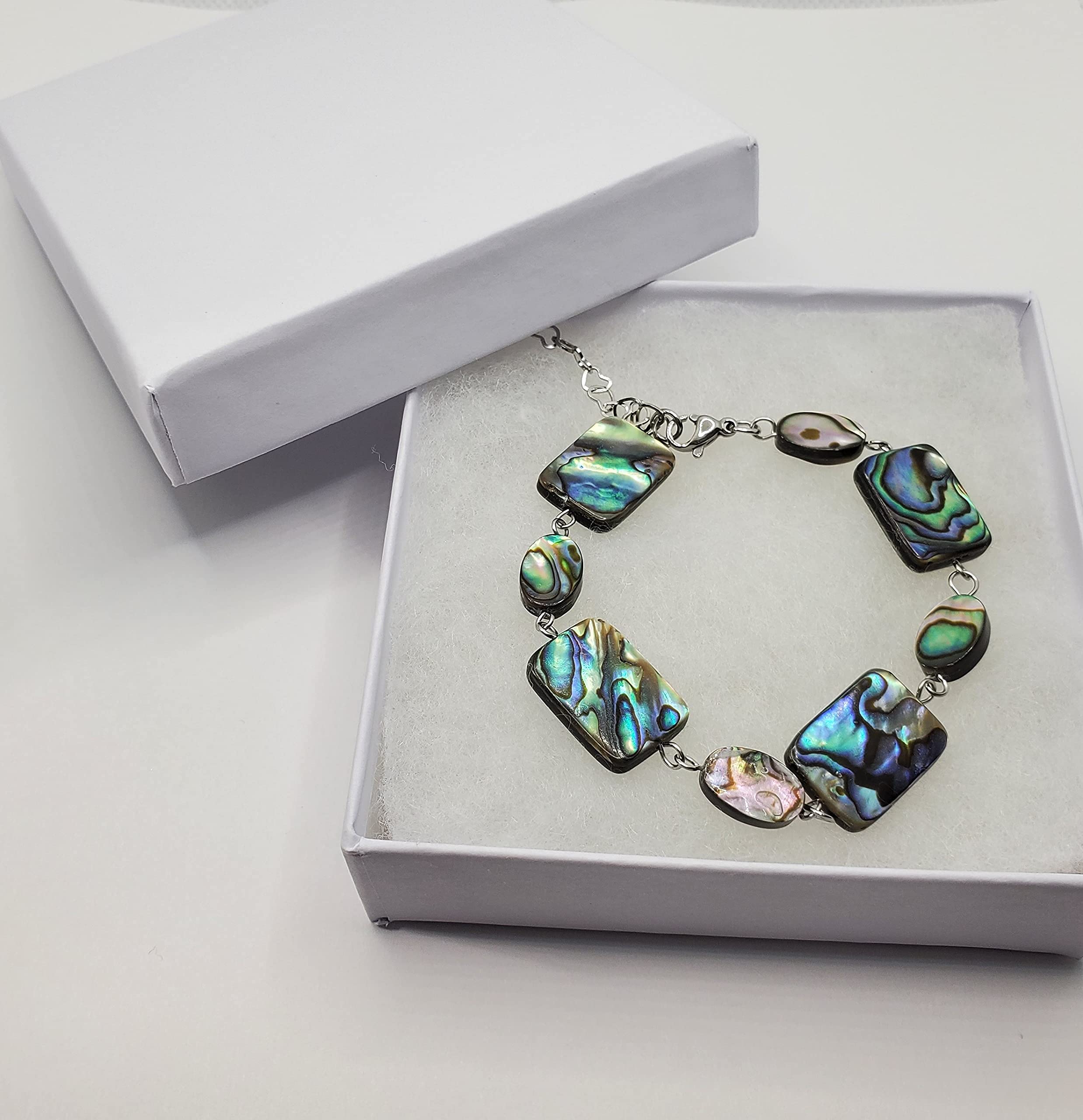 Abalone Shell Bracelet & Earrings Set | Paua Shell Beach Jewelry with Rhinestone Accents