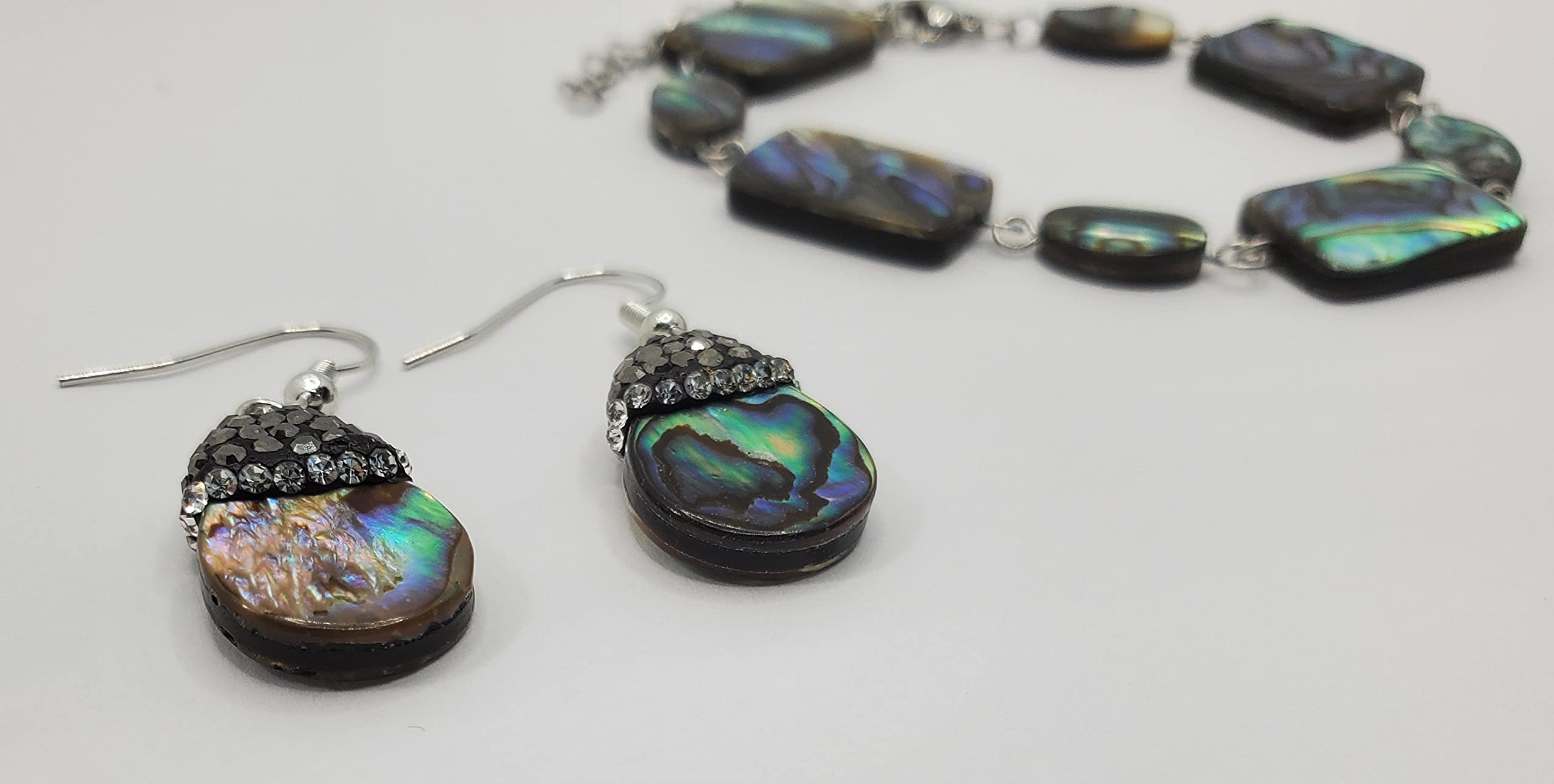 Abalone Shell Bracelet & Earrings Set | Paua Shell Beach Jewelry with Rhinestone Accents