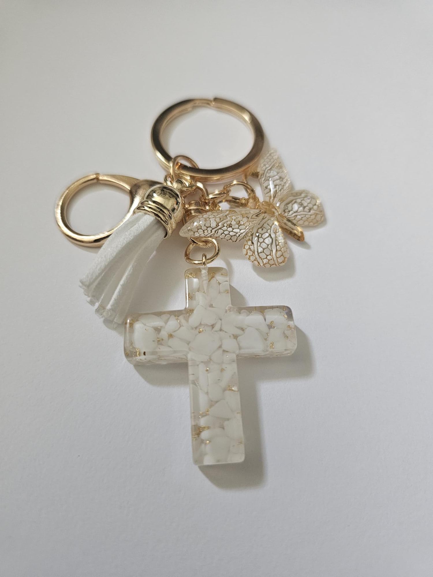 Resin Cross Keychain with Butterfly Charm and Tassel, Christian Faith Gift for Purse, Backpack, Baptism, Confirmation