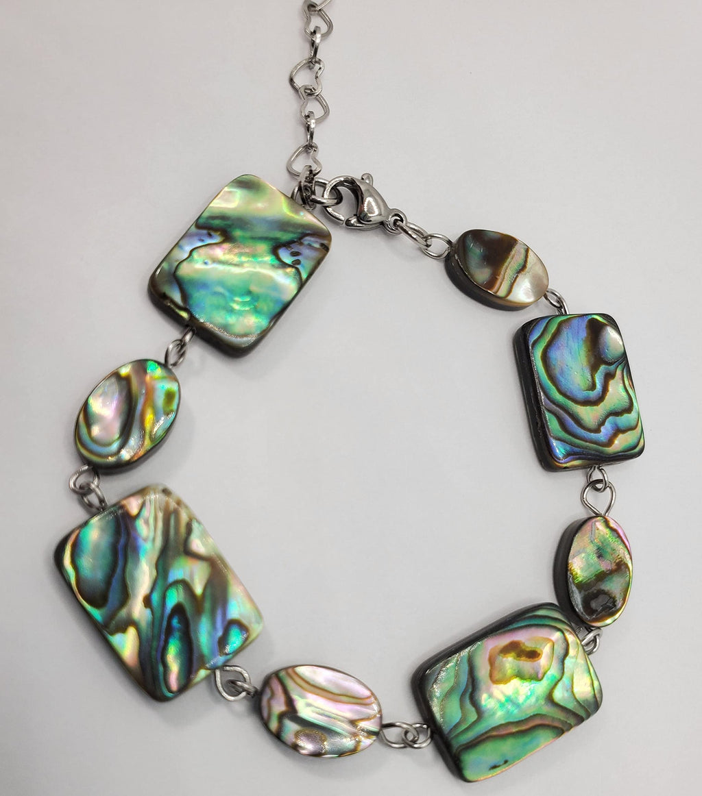 Abalone Shell Bracelet & Earrings Set | Paua Shell Beach Jewelry with Rhinestone Accents
