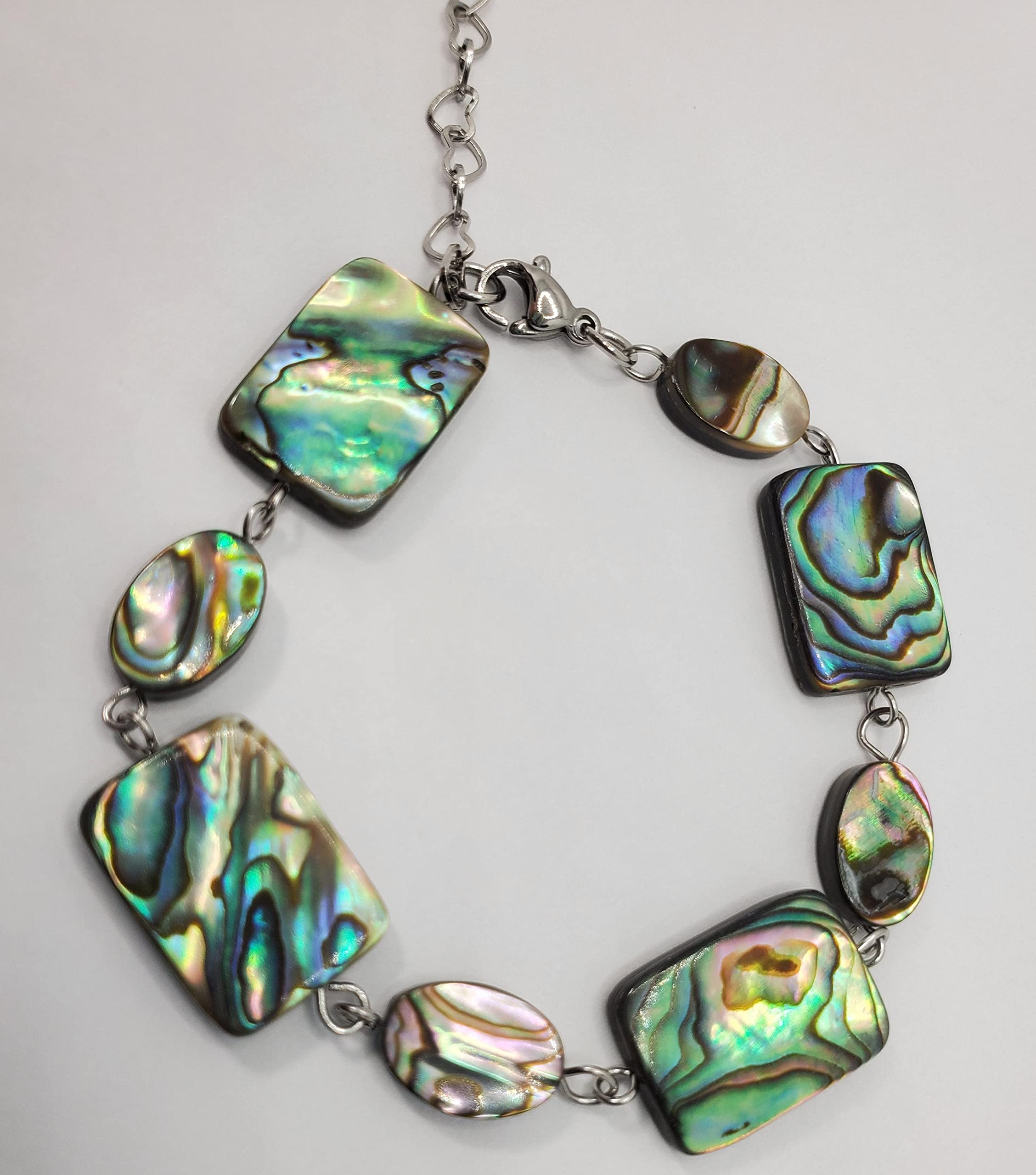 Abalone Shell Bracelet & Earrings Set | Paua Shell Beach Jewelry with Rhinestone Accents