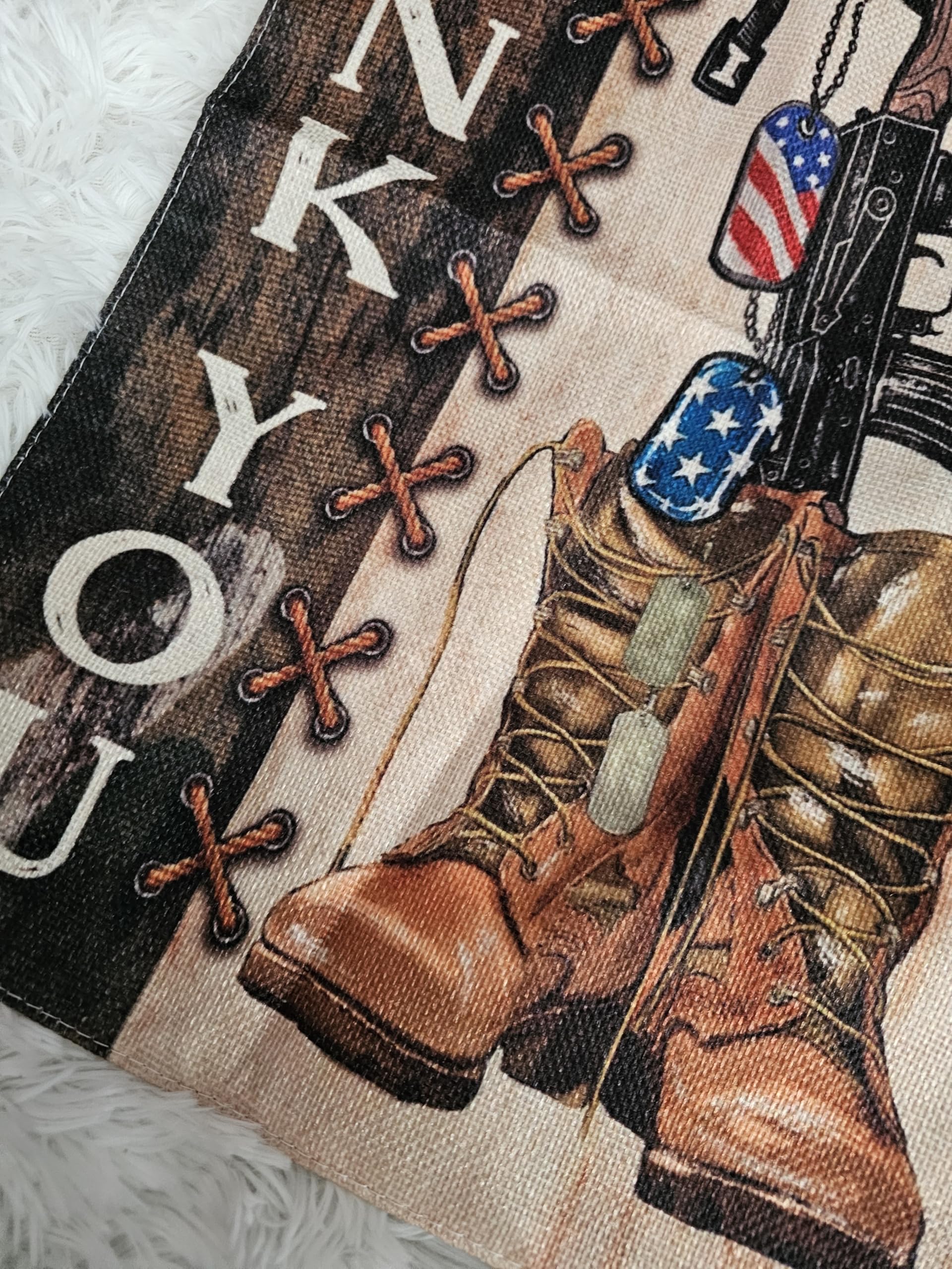 Military Thank You Garden Flag, Patriotic Soldier Memorial with Helmet Rifle and Boots, Camouflage Outdoor Yard Decor, 12x18 Inch