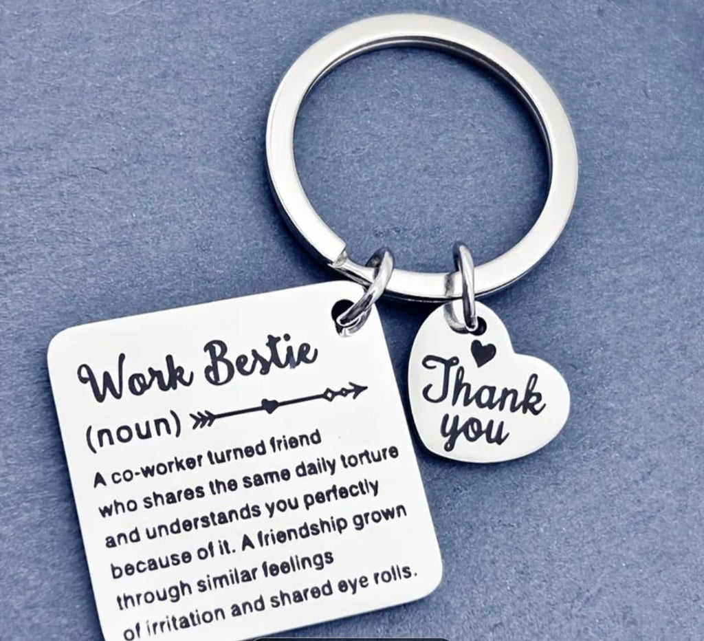 Work Bestie Keychain, Funny Coworker Appreciation Gift, Office Friendship Keychain with Thank You Heart Charm, Silver