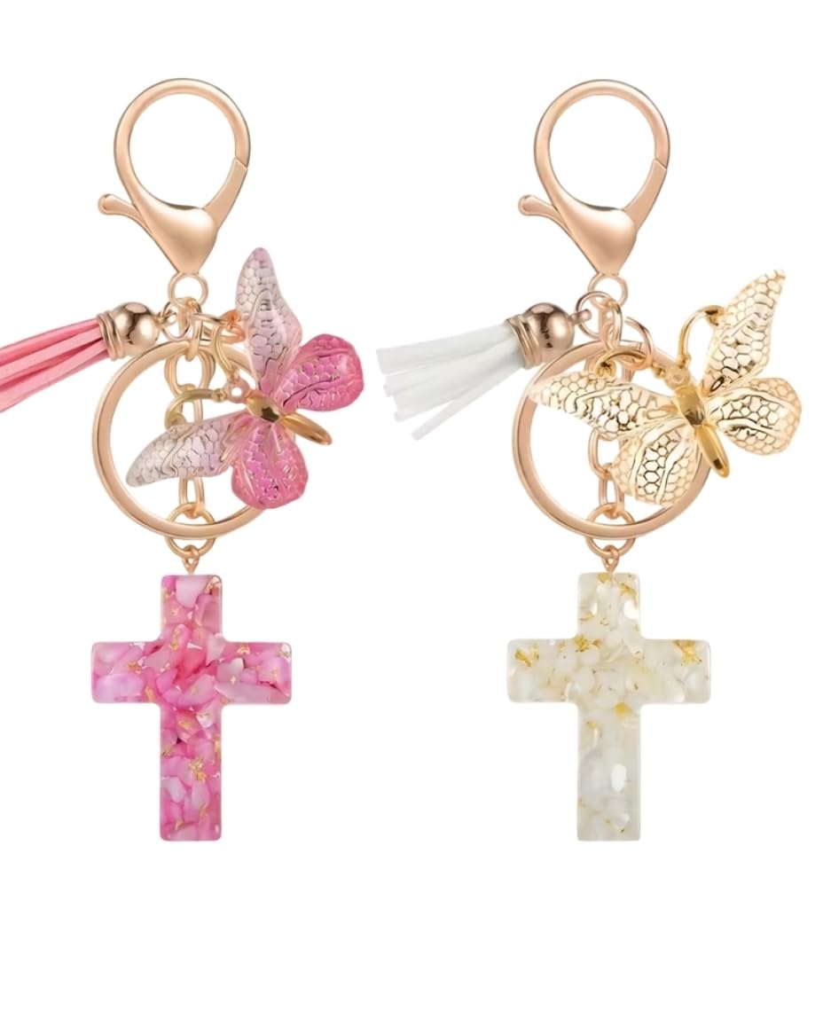 Resin Cross Keychain with Butterfly Charm and Tassel, Christian Faith Gift for Purse, Backpack, Baptism, Confirmation