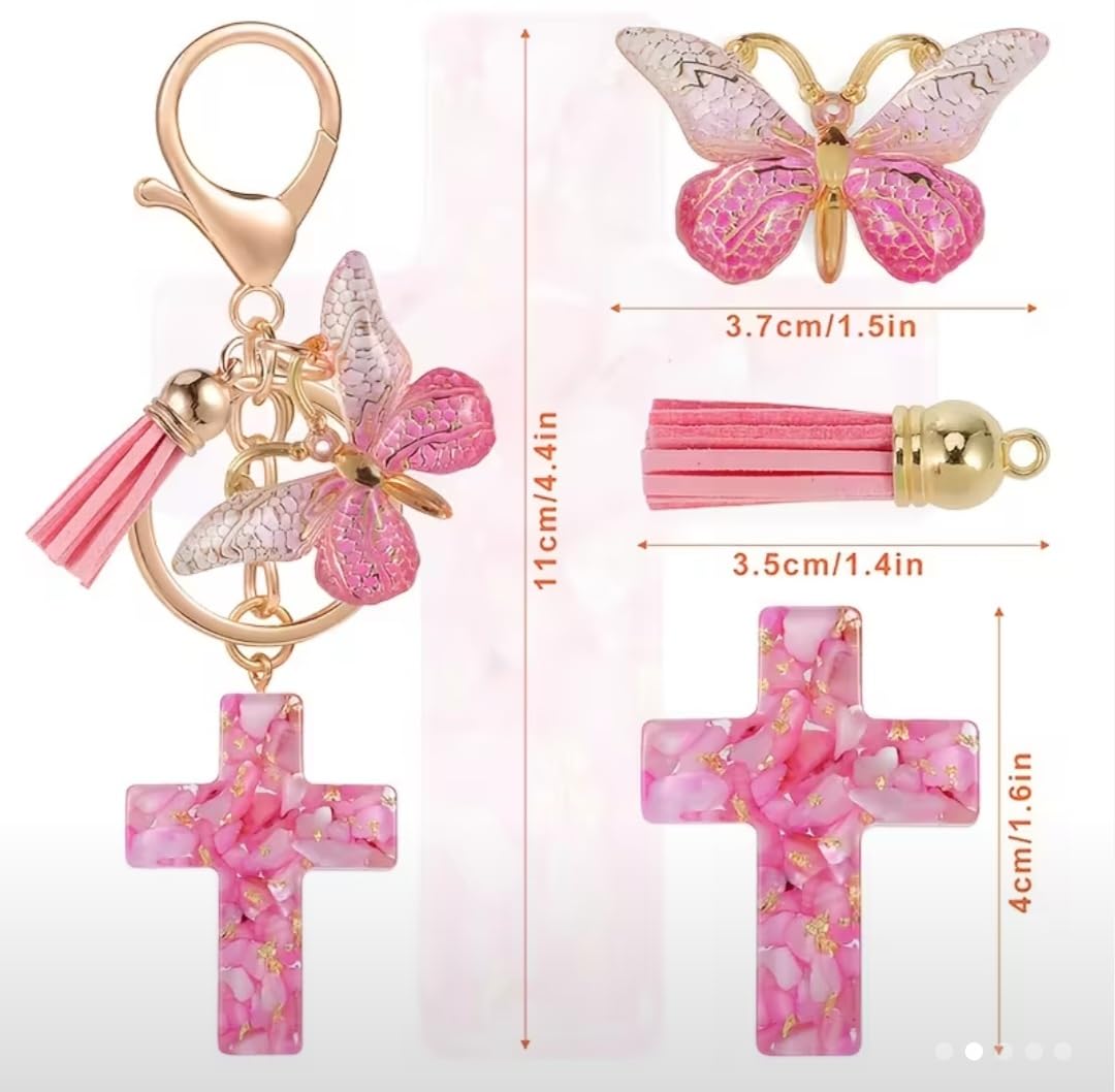 Resin Cross Keychain with Butterfly Charm and Tassel, Christian Faith Gift for Purse, Backpack, Baptism, Confirmation
