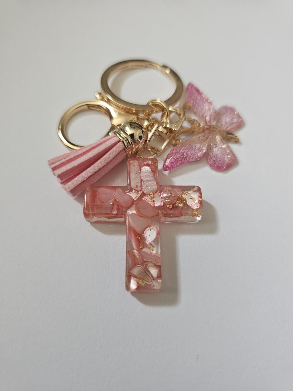 Resin Cross Keychain with Butterfly Charm and Tassel, Christian Faith Gift for Purse, Backpack, Baptism, Confirmation
