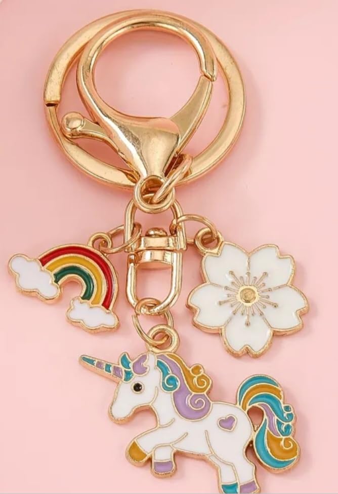 Whimsical Unicorn Rainbow Keychain for Girls – Cute Enamel, Rainbow & Flower Charms, Backpacks, Purses, Gifts & Party Favors