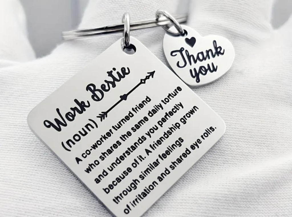 Work Bestie Keychain, Funny Coworker Appreciation Gift, Office Friendship Keychain with Thank You Heart Charm, Silver