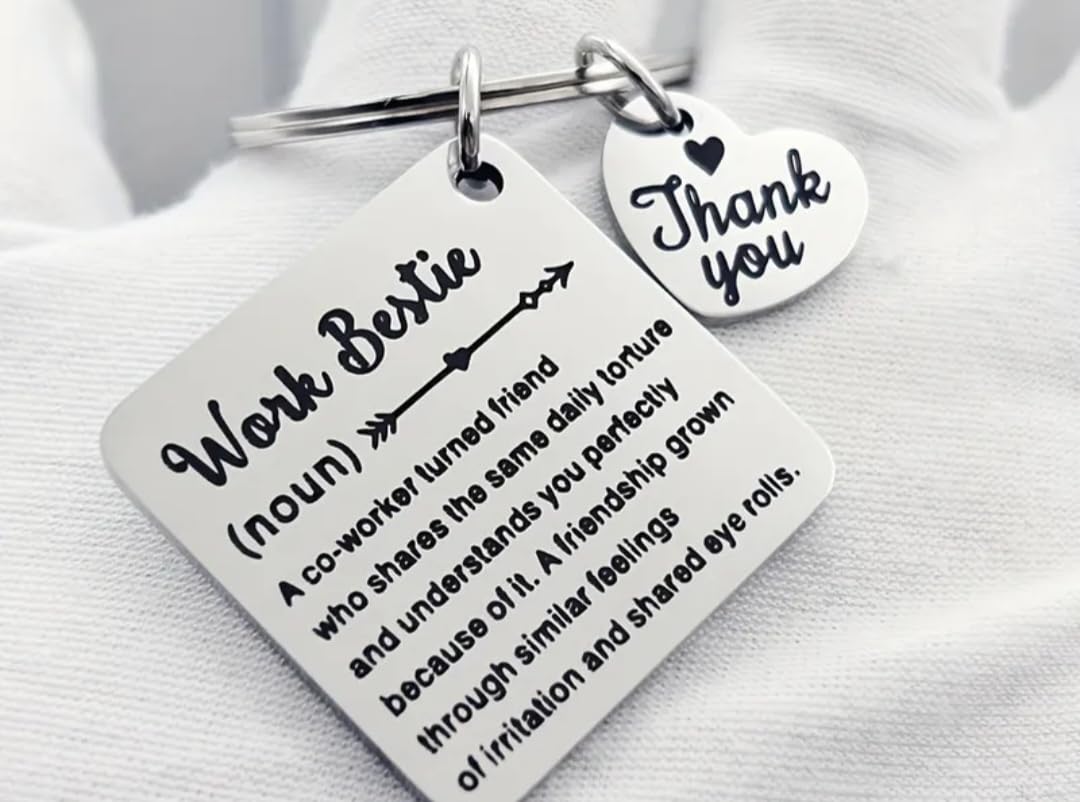 Work Bestie Keychain, Funny Coworker Appreciation Gift, Office Friendship Keychain with Thank You Heart Charm, Silver