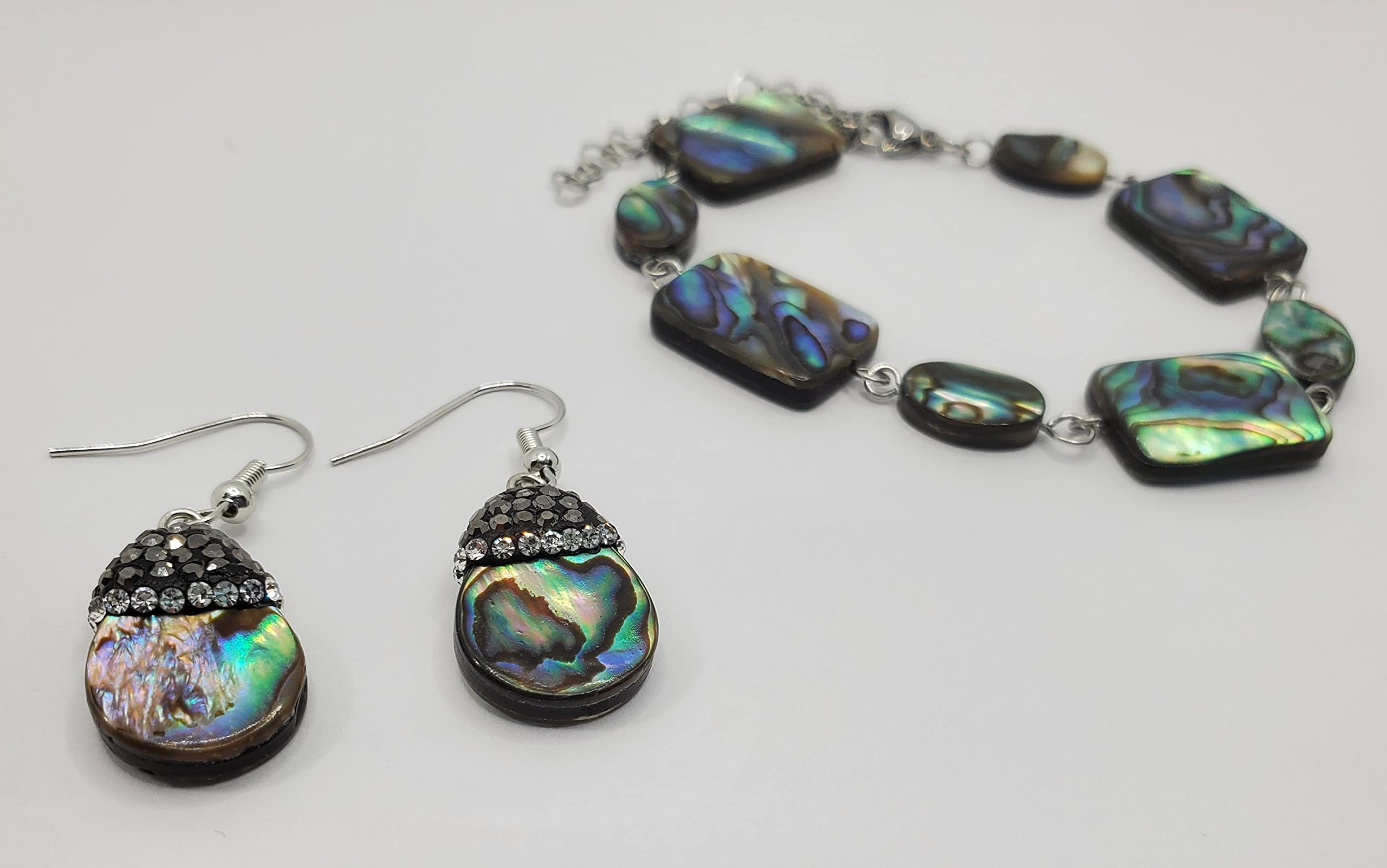 Abalone Shell Bracelet & Earrings Set | Paua Shell Beach Jewelry with Rhinestone Accents