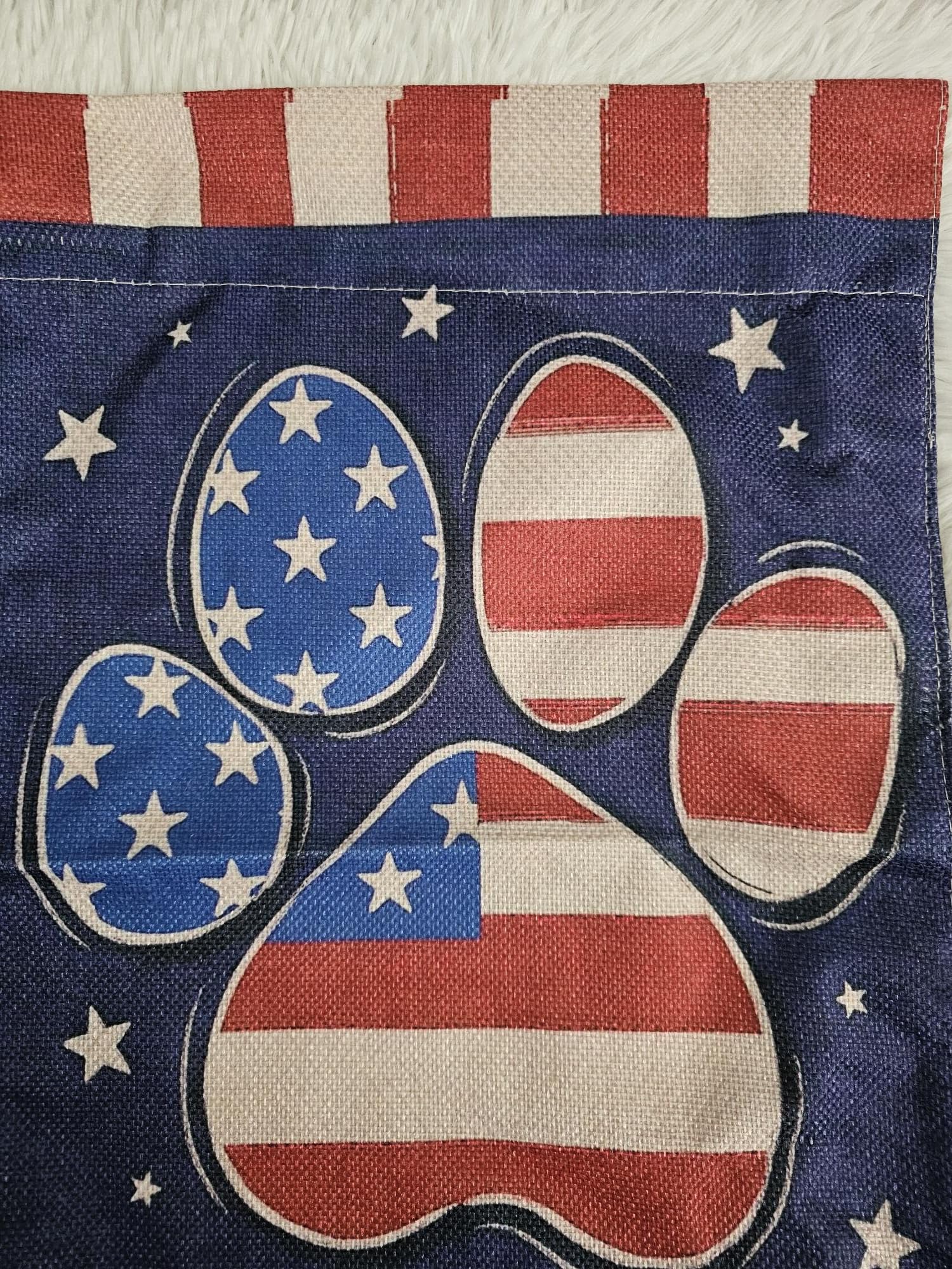 Patriotic Paw Print Welcome Garden Flag, Outdoor Seasonal Decorative Flag with Red White and Blue Stars and Stripes Design