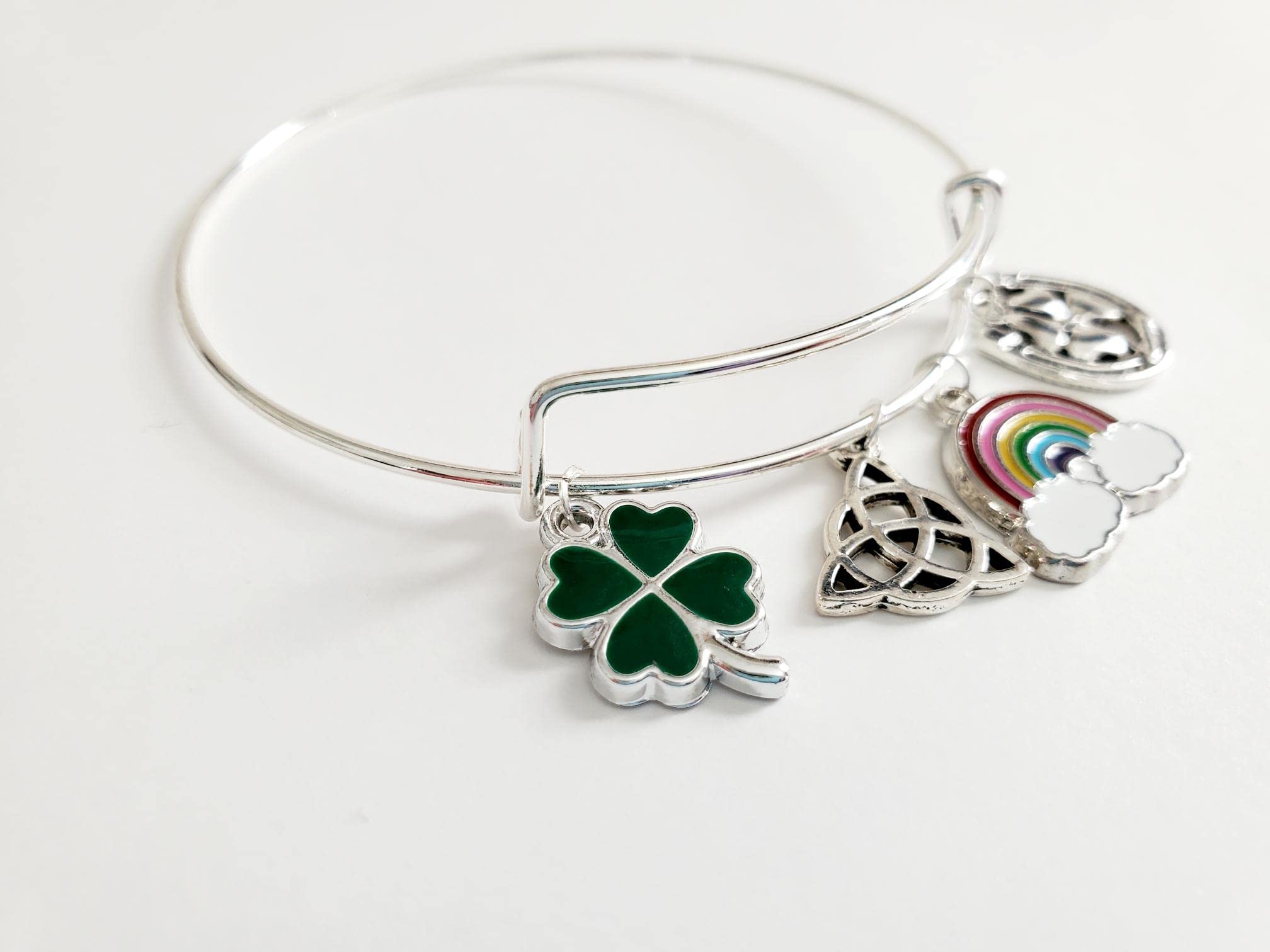 St. Patrick's Day Bracelet for Women, Silver Irish Charm Bracelet with Four Leaf Clover, Celtic Knot & Good Luck Charms