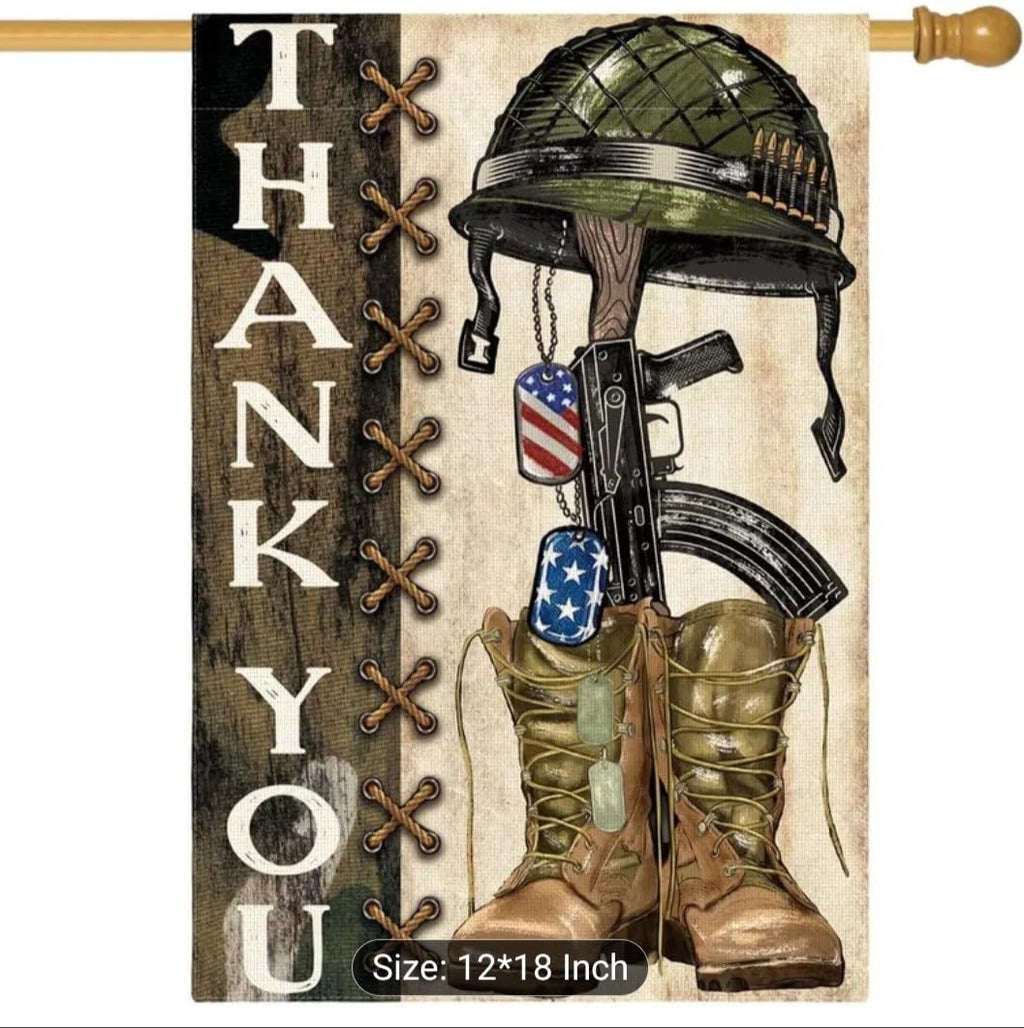 Military Thank You Garden Flag, Patriotic Soldier Memorial with Helmet Rifle and Boots, Camouflage Outdoor Yard Decor, 12x18 Inch