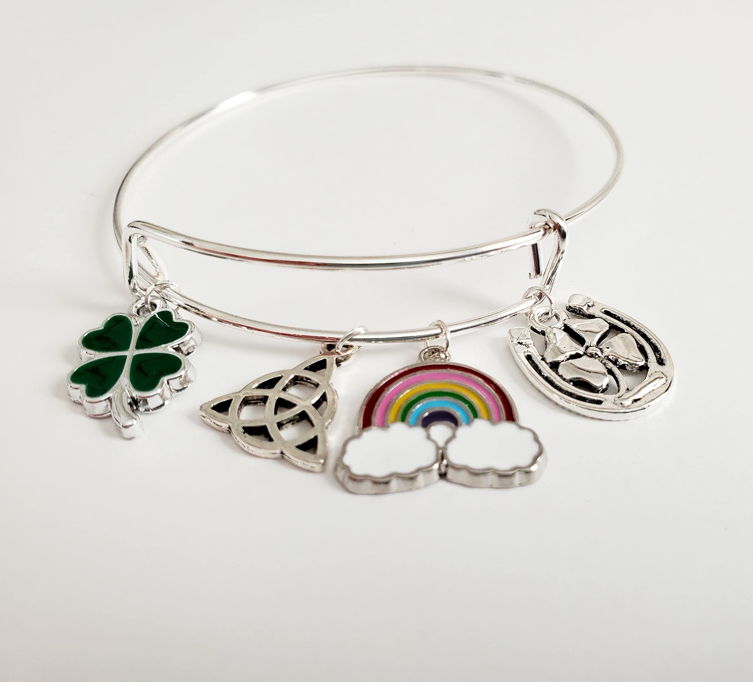 St. Patrick's Day Bracelet for Women, Silver Irish Charm Bracelet with Four Leaf Clover, Celtic Knot & Good Luck Charms