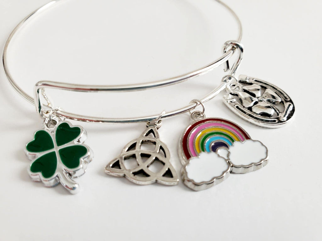 St. Patrick's Day Bracelet for Women, Silver Irish Charm Bracelet with Four Leaf Clover, Celtic Knot & Good Luck Charms