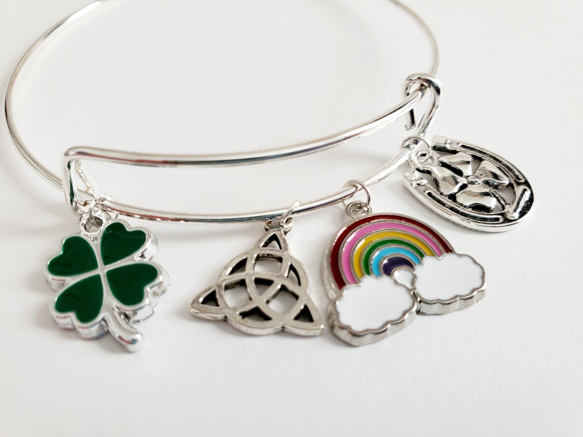St. Patrick's Day Bracelet for Women, Silver Irish Charm Bracelet with Four Leaf Clover, Celtic Knot & Good Luck Charms