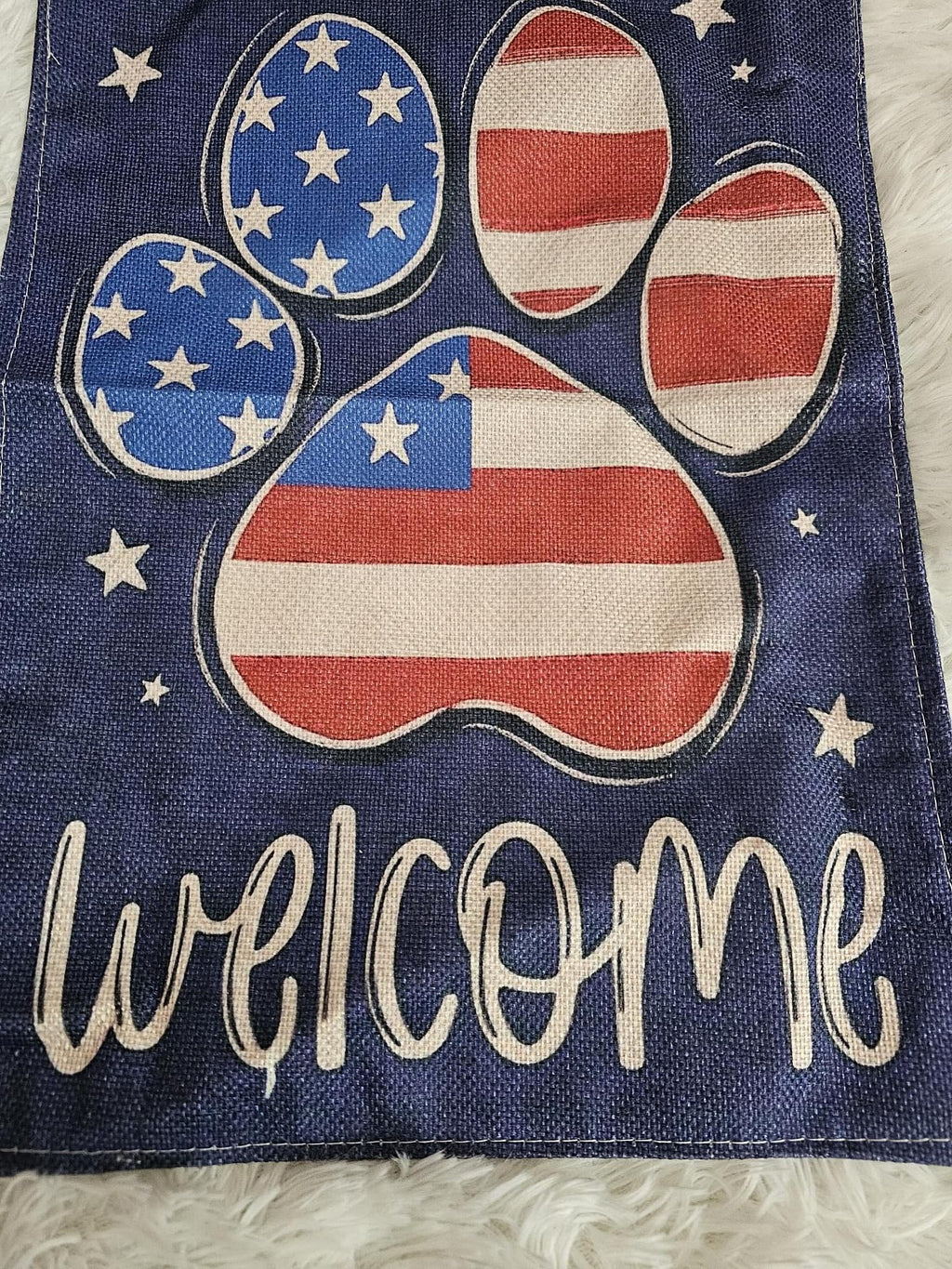 Patriotic Paw Print Welcome Garden Flag, Outdoor Seasonal Decorative Flag with Red White and Blue Stars and Stripes Design
