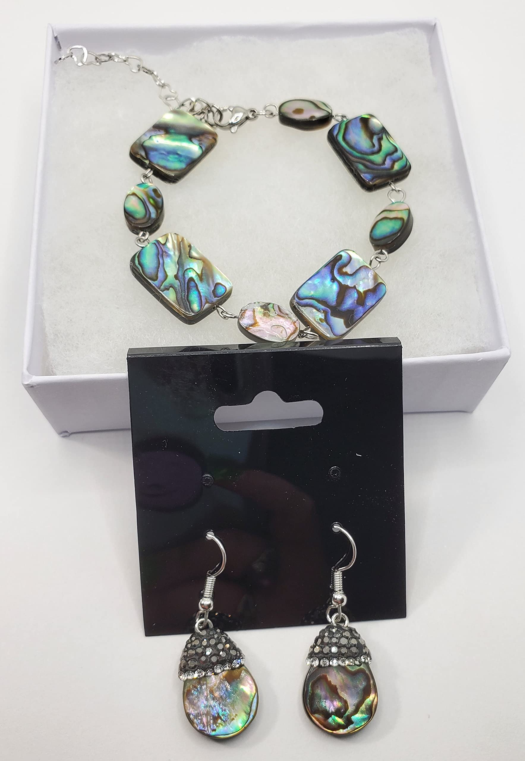 Abalone Shell Bracelet & Earrings Set | Paua Shell Beach Jewelry with Rhinestone Accents