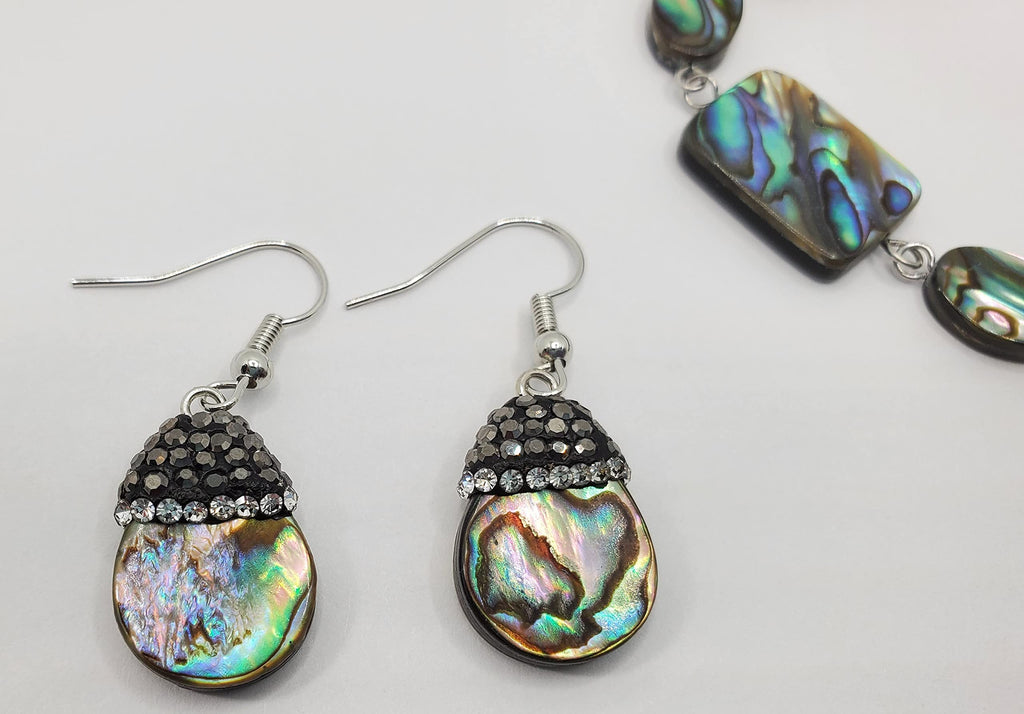 Abalone Shell Bracelet & Earrings Set | Paua Shell Beach Jewelry with Rhinestone Accents