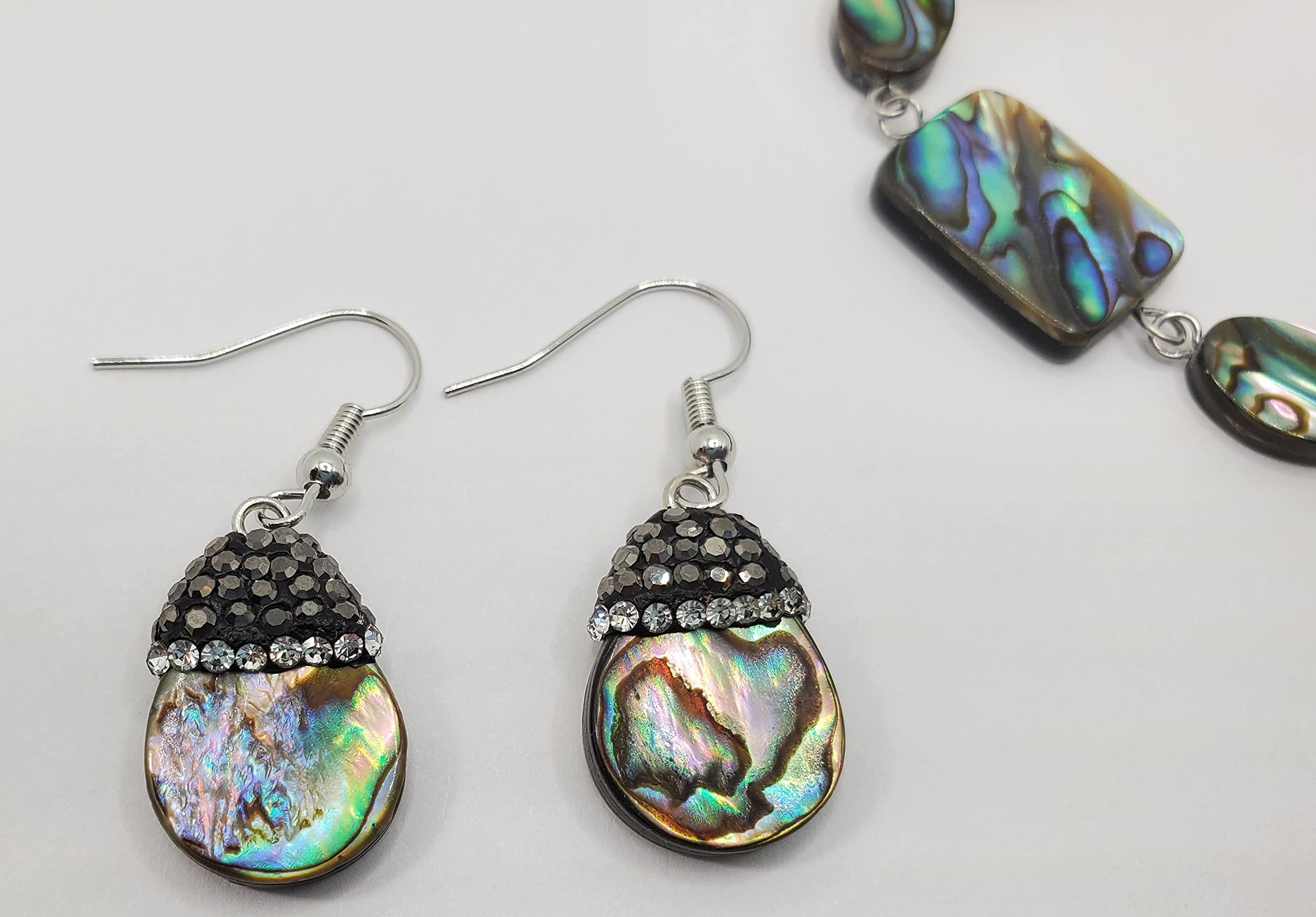 Abalone Shell Bracelet & Earrings Set | Paua Shell Beach Jewelry with Rhinestone Accents