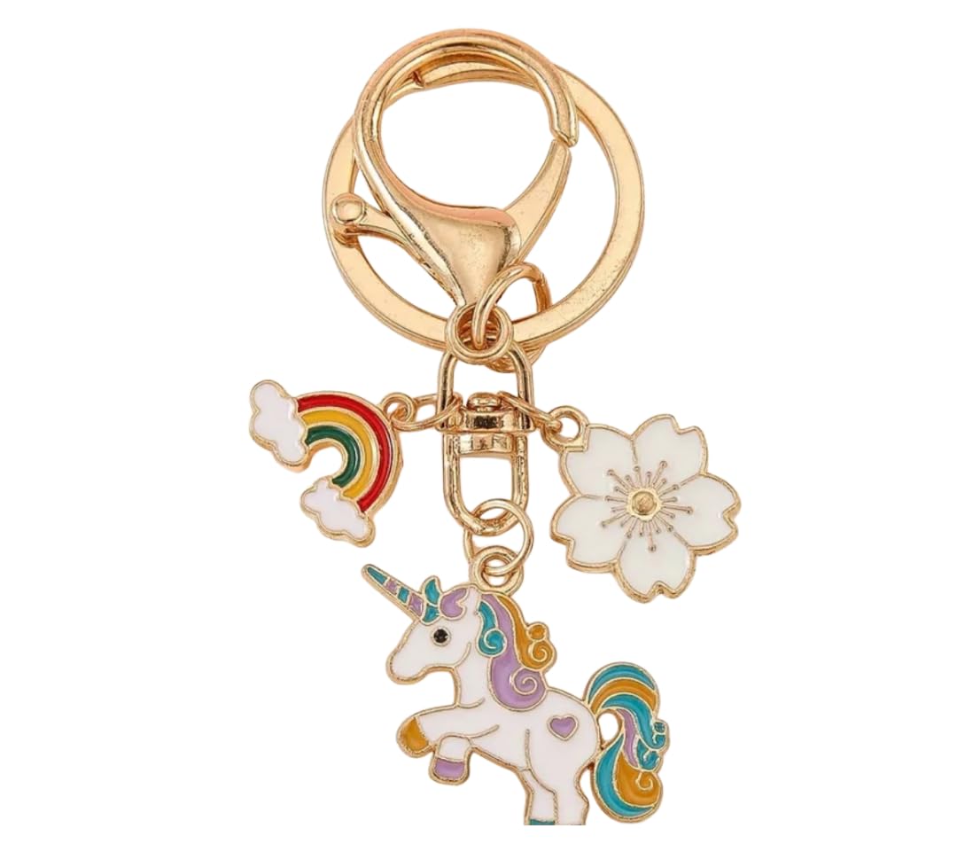 Whimsical Unicorn Rainbow Keychain for Girls – Cute Enamel, Rainbow & Flower Charms, Backpacks, Purses, Gifts & Party Favors