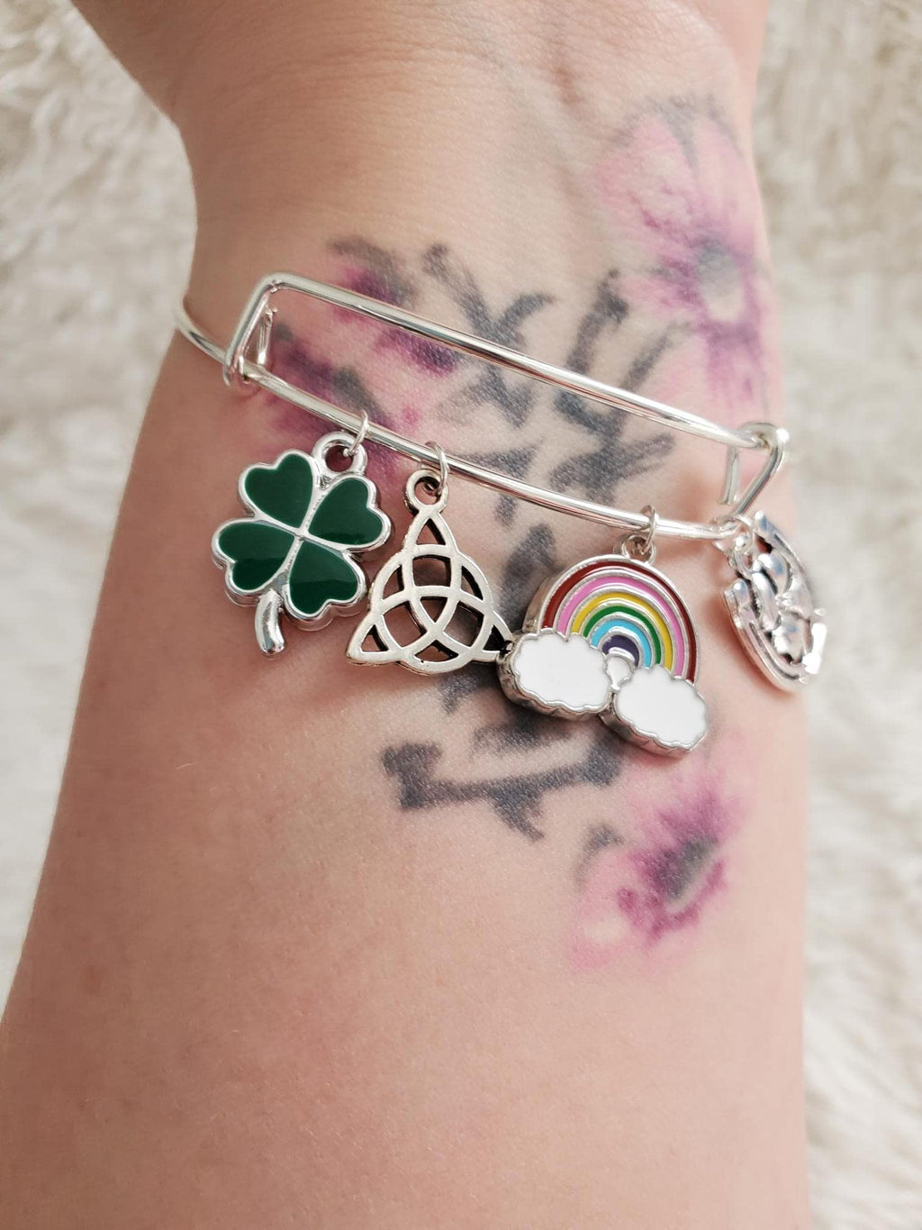 St. Patrick's Day Bracelet for Women, Silver Irish Charm Bracelet with Four Leaf Clover, Celtic Knot & Good Luck Charms
