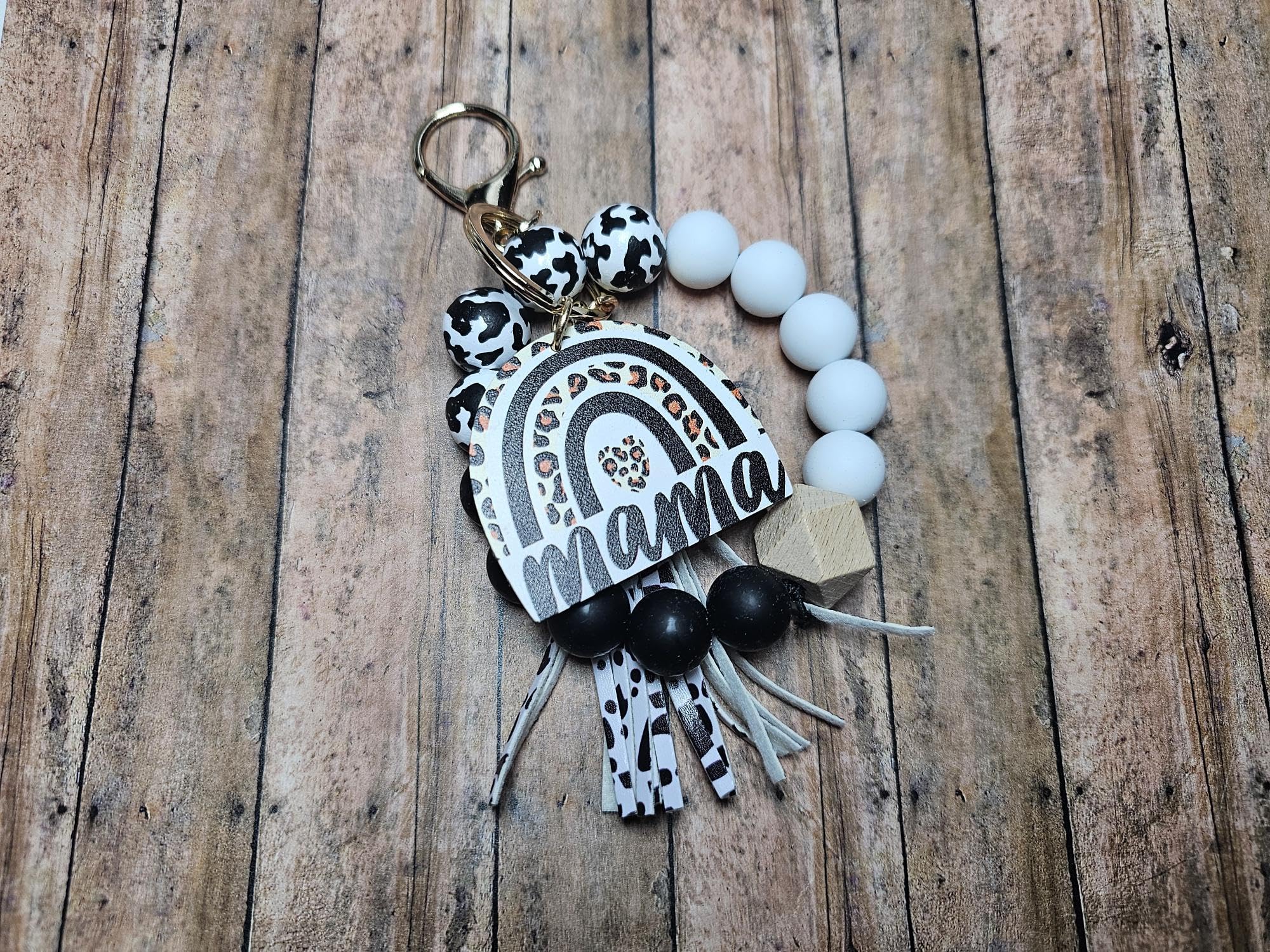 Mama Cow Print Silicone Bead Wristlet Keychain | Cute Mom Gift