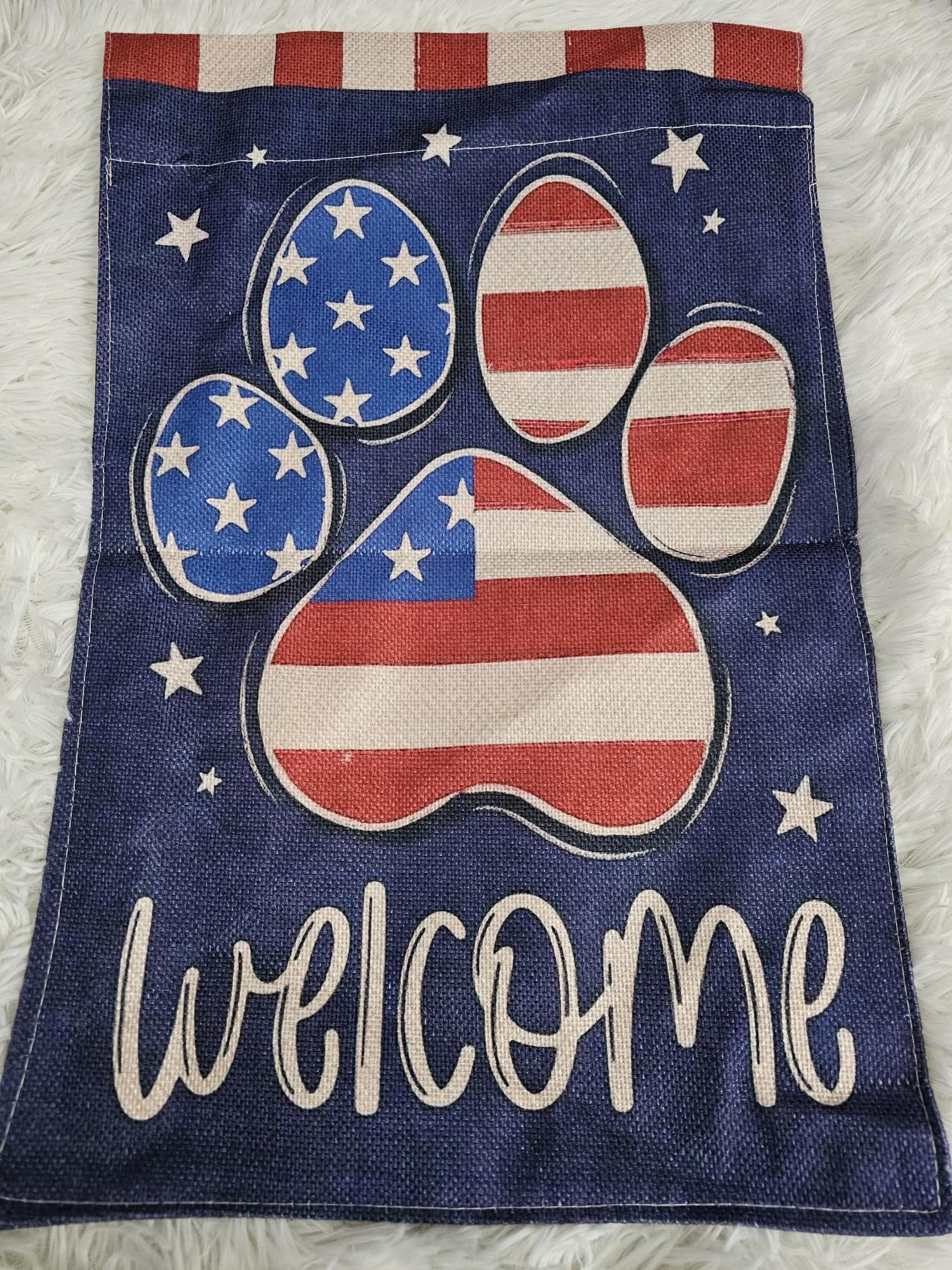 Patriotic Paw Print Welcome Garden Flag, Outdoor Seasonal Decorative Flag with Red White and Blue Stars and Stripes Design