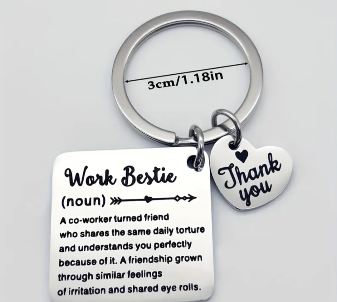 Work Bestie Keychain, Funny Coworker Appreciation Gift, Office Friendship Keychain with Thank You Heart Charm, Silver
