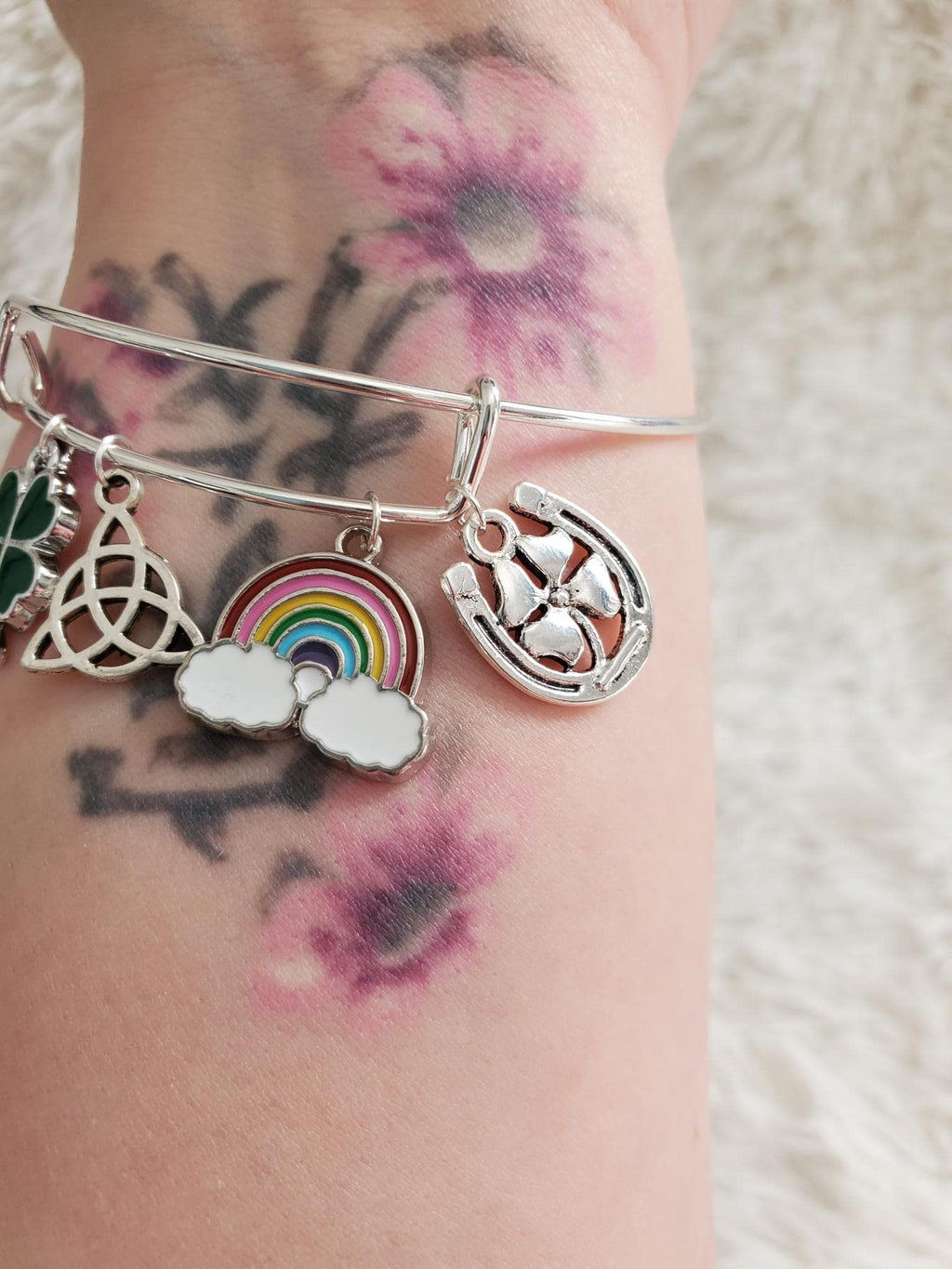 St. Patrick's Day Bracelet for Women, Silver Irish Charm Bracelet with Four Leaf Clover, Celtic Knot & Good Luck Charms