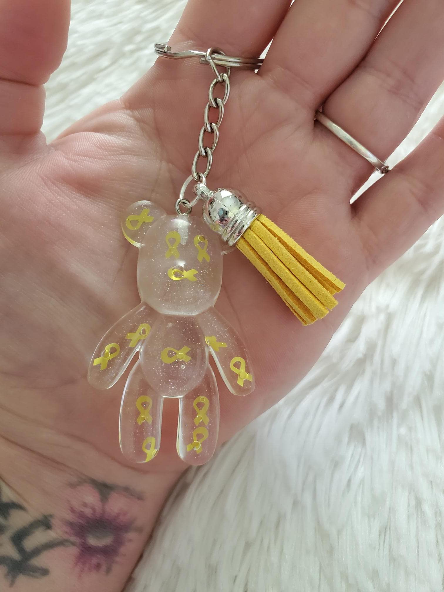 Yellow Awareness Ribbon Bear Keychain, Childhood Cancer, Deployed Military