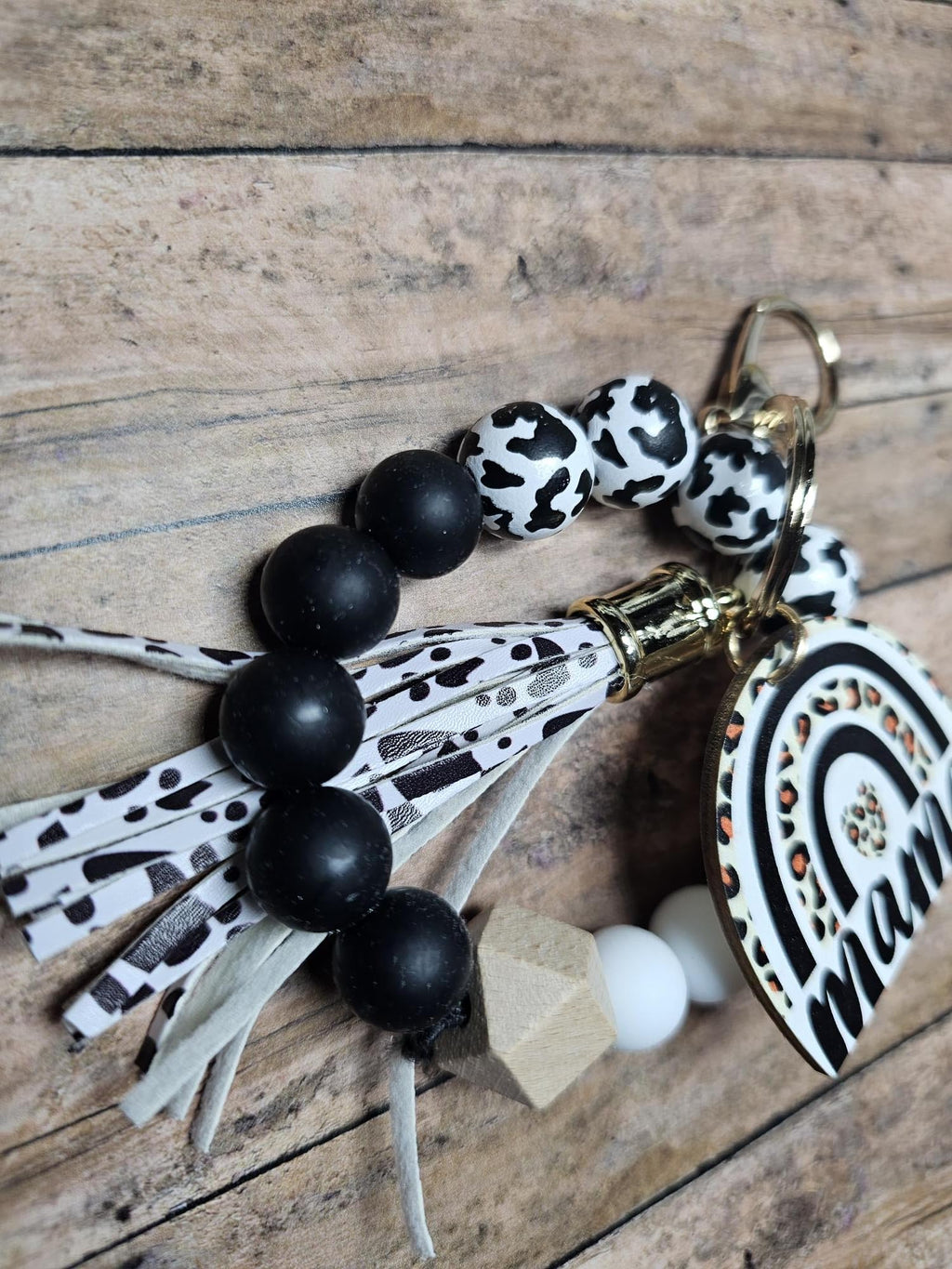 Mama Cow Print Silicone Bead Wristlet Keychain | Cute Mom Gift