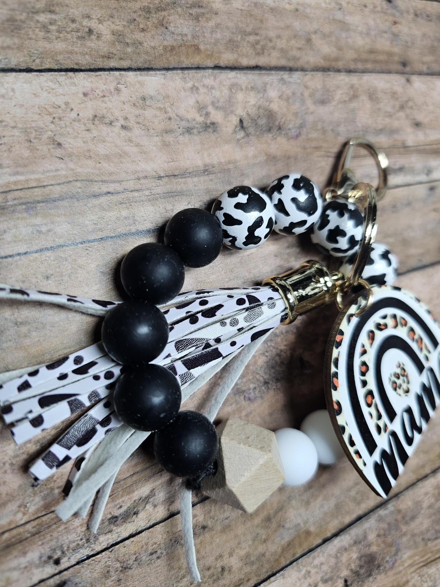 Mama Cow Print Silicone Bead Wristlet Keychain | Cute Mom Gift