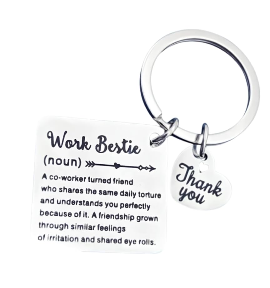 Work Bestie Keychain, Funny Coworker Appreciation Gift, Office Friendship Keychain with Thank You Heart Charm, Silver
