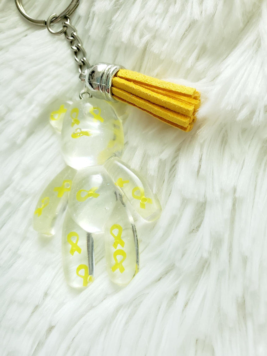 Yellow Awareness Ribbon Bear Keychain, Childhood Cancer, Deployed Military