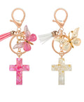 Resin Cross Keychain with Butterfly Charm and Tassel, Christian Faith Gift for Purse, Backpack, Baptism, Confirmation