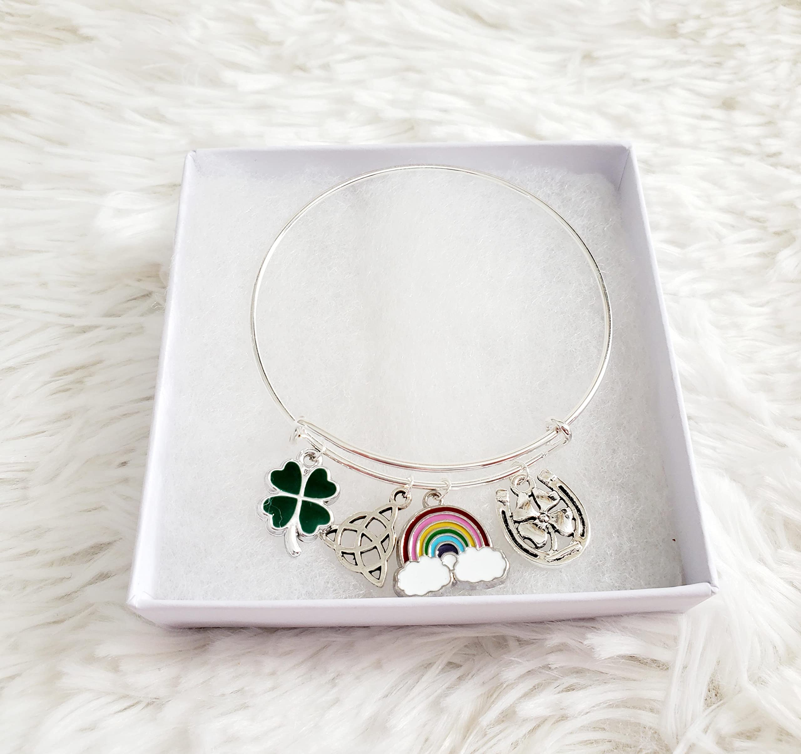 St. Patrick's Day Bracelet for Women, Silver Irish Charm Bracelet with Four Leaf Clover, Celtic Knot & Good Luck Charms