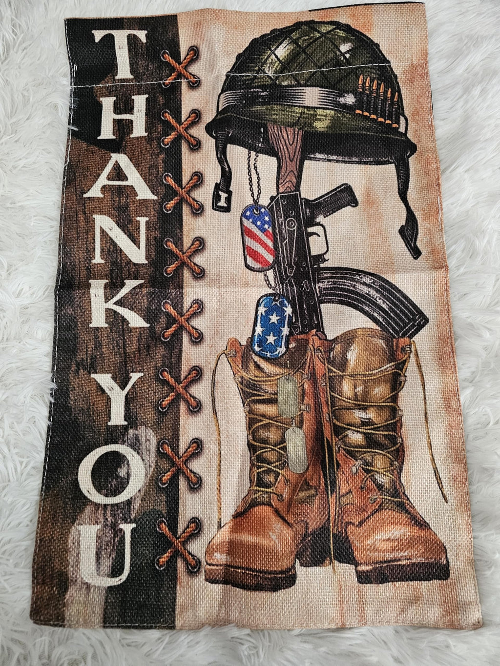 Military Thank You Garden Flag, Patriotic Soldier Memorial with Helmet Rifle and Boots, Camouflage Outdoor Yard Decor, 12x18 Inch